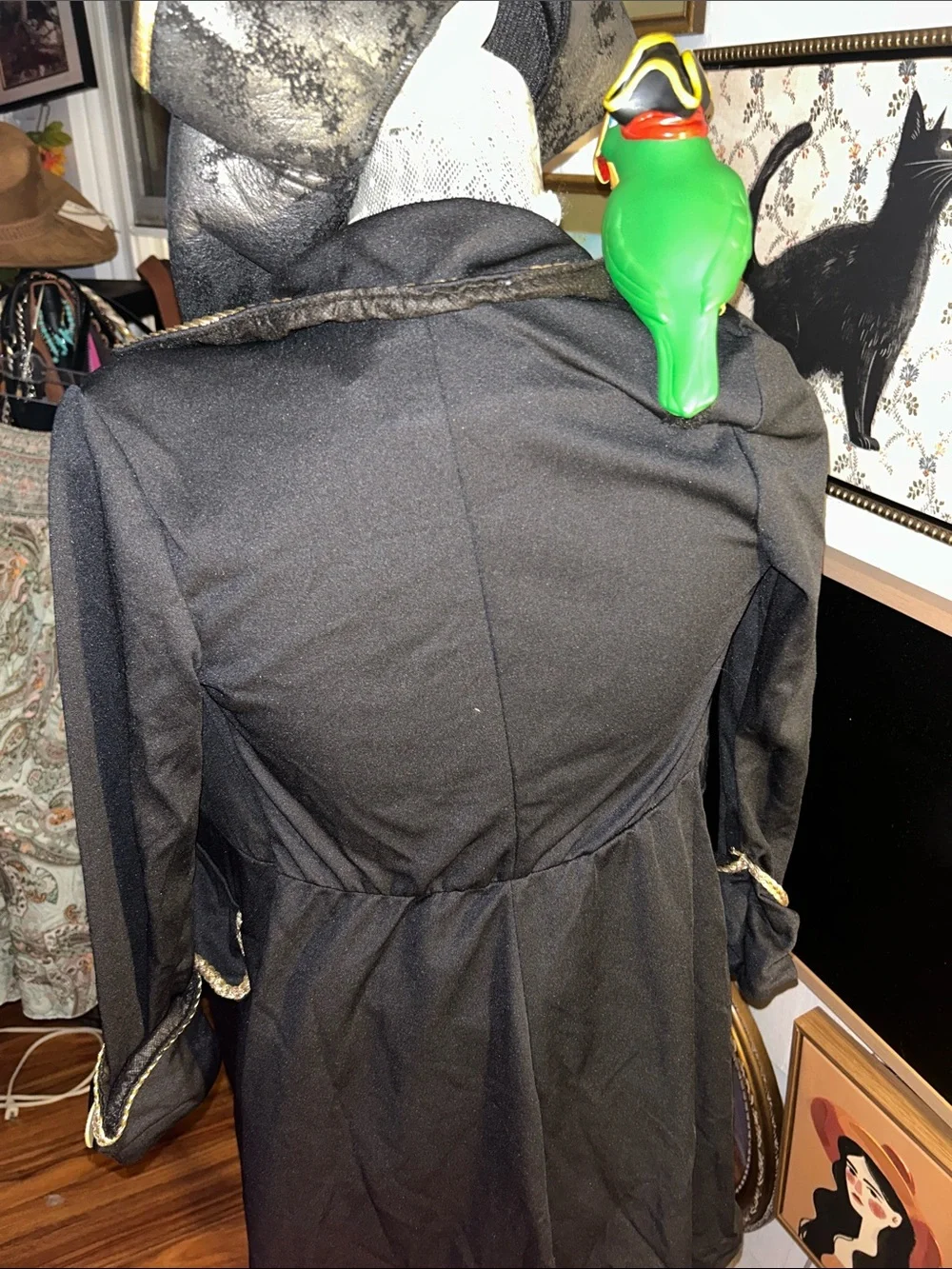 Kids Black Pirate Costume Coat with Gold Trim and Striped Shirt